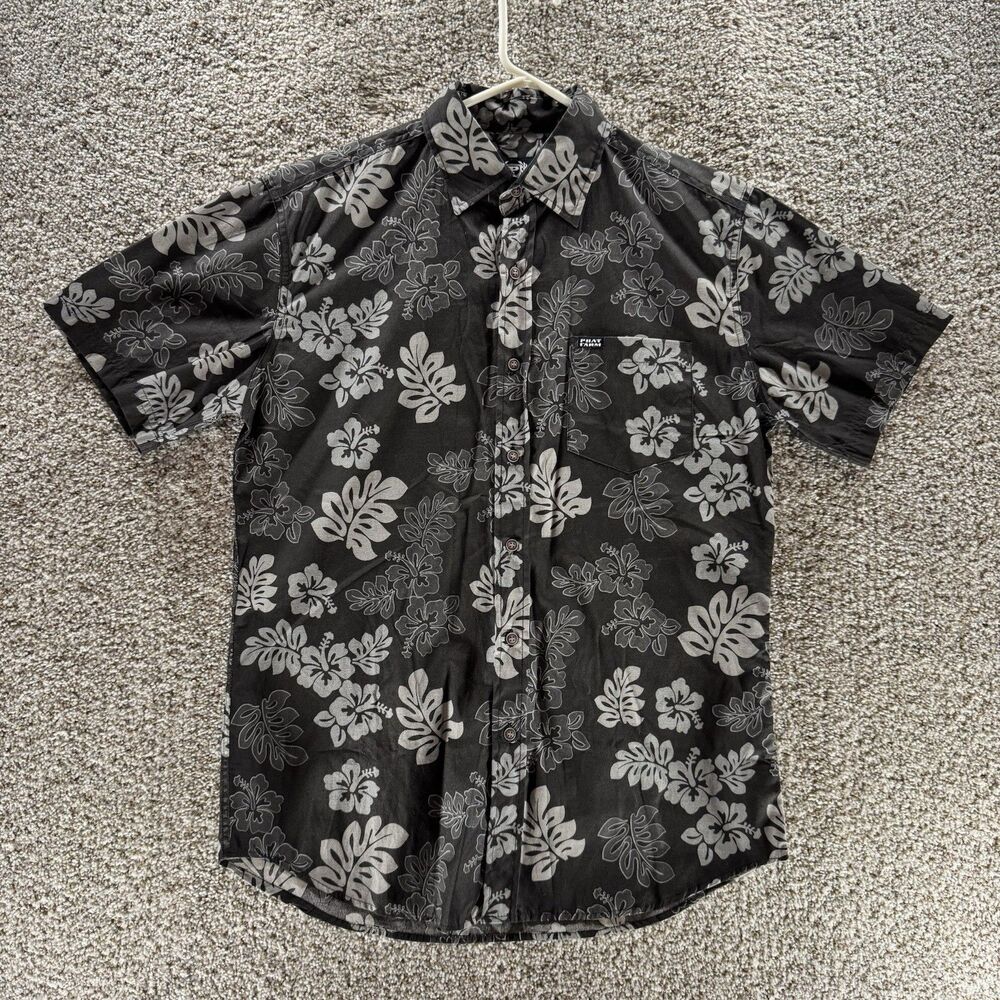 Y2K Phat Farm Shirt Mens Small Black Hawaiian Floral Button Up Short Sleeves VTG